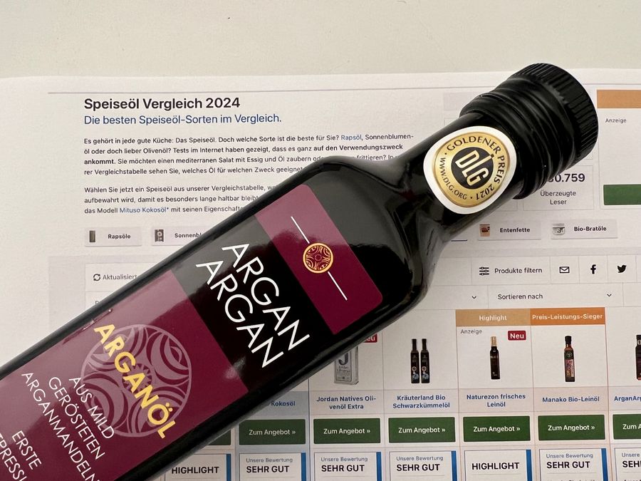 ARGANARGAN auf Platz 1 im Speiseölvergleich 2024 - Beste Speiseöle ARGANARGAN auf Platz 1 im Speiseölvergleich 2024 - Beste Speiseöle