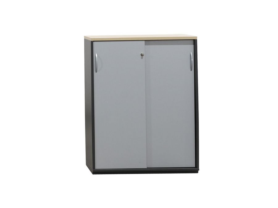 Sideboard in anthrazit mit Abdeckplatte ahorn und Schiebetüren silbergrau in 3 Ordnerhöhen von MBT Sideboard in anthrazit mit Abdeckplatte ahorn und Schiebetüren silbergrau in 3 Ordnerhöhen von MBT