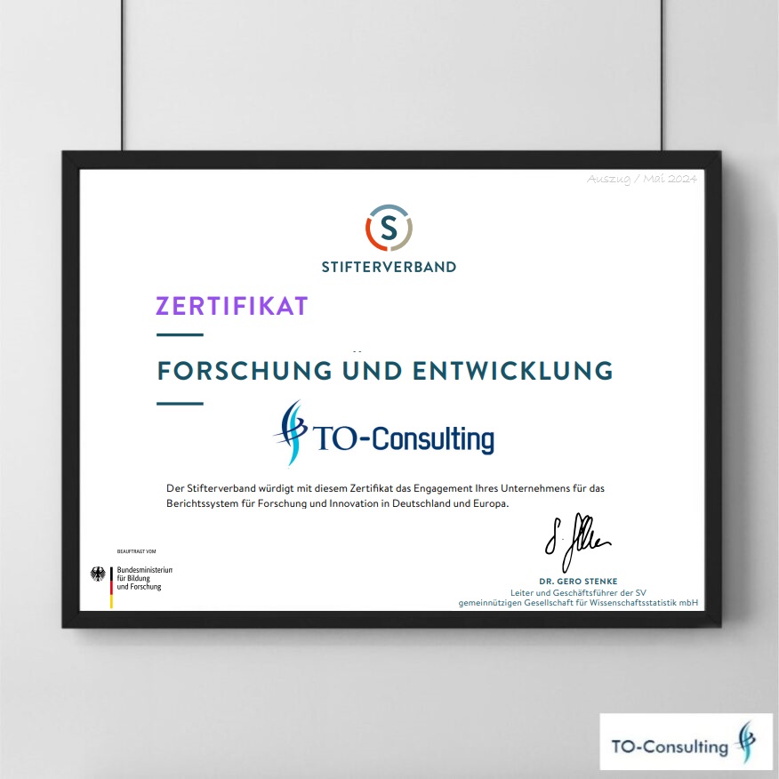 Auszeichnung durch den Stifterverband für TO-Consulting - Zertifikat "Forschung und Entwicklung" Auszeichnung durch den Stifterverband für TO-Consulting - Zertifikat "Forschung und Entwicklung"