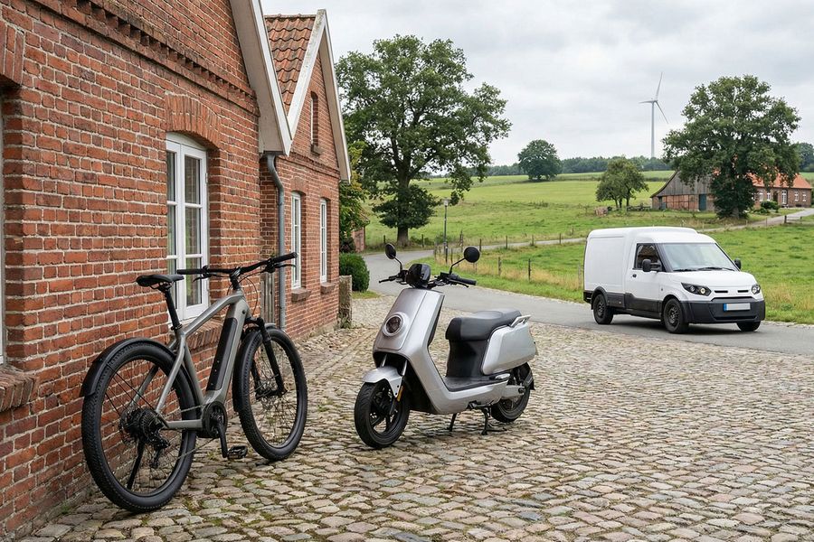 Elektromobilität im ländlichen Raum E-Bike, Elektroroller und Elektrotransporter in ländlicher Umgebung als Symbol für Elektromobilität
