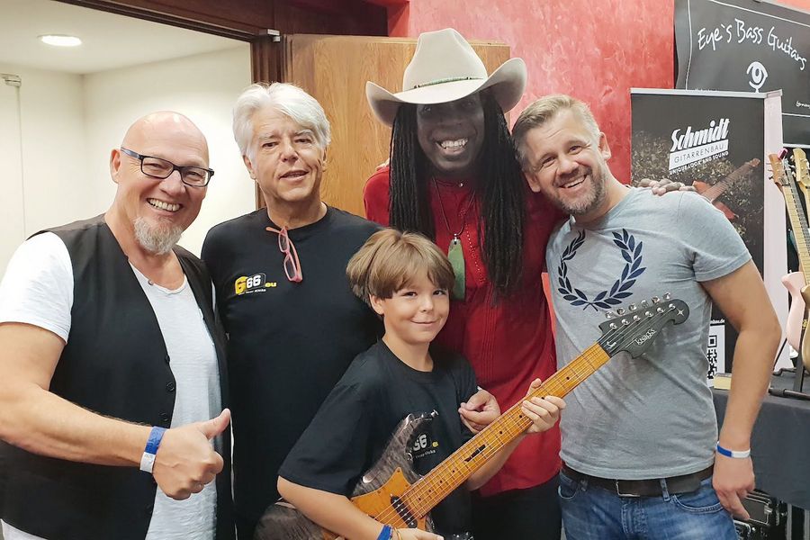G66 GmbH Gitarrenlegende und Grammy Winner Larry Mitchell, Frank Steffen Mueller und Markus Hohmann an der Guitar Summit, Mannheim